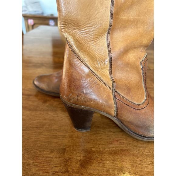 Vtg Benoit Dalve Womens Cowboy Western Leather Fringe Heel Boots Tan Romania 7.5 - Picture 14 of 15